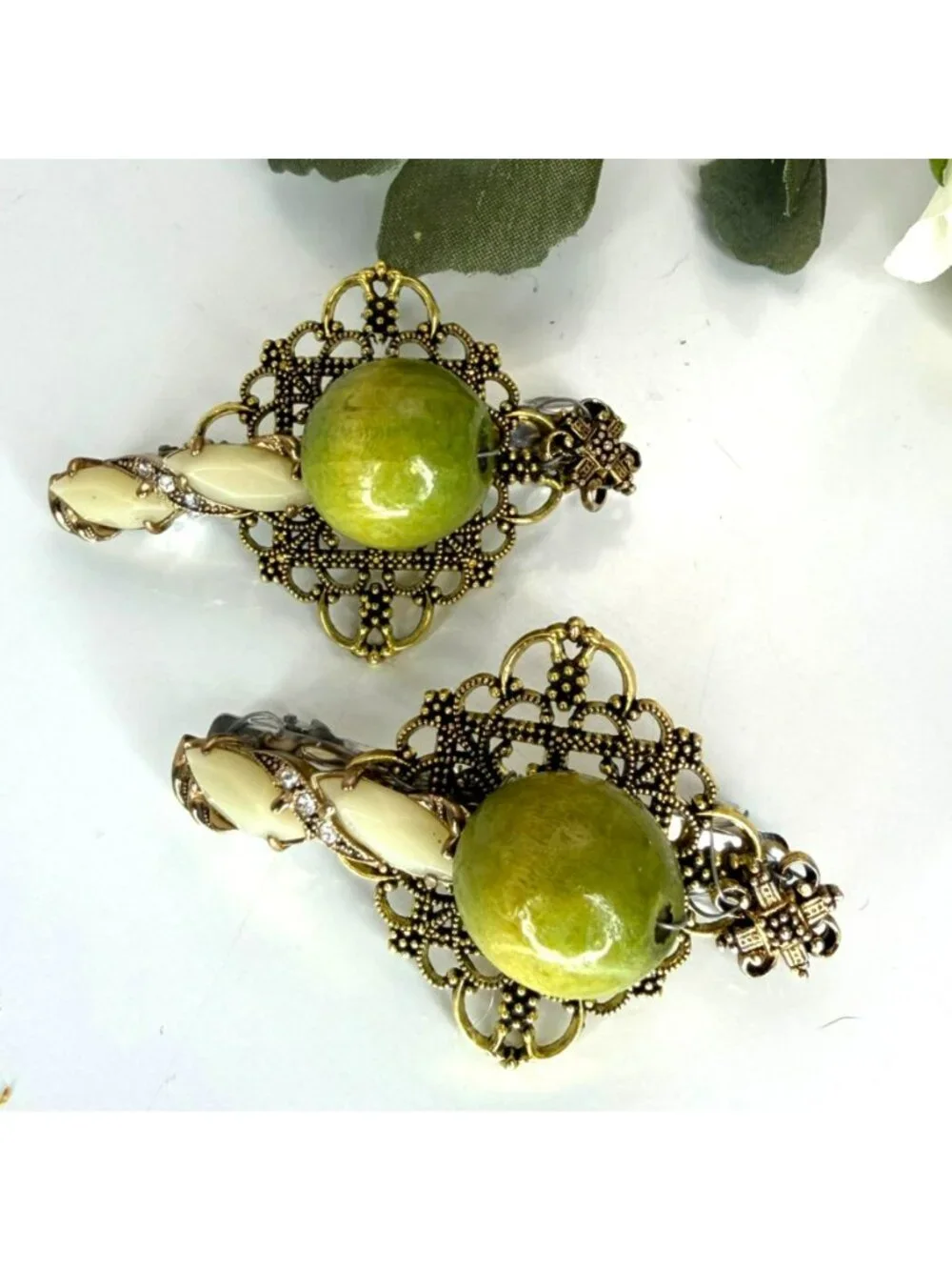 Olive Green Wood Bead Barrettes Set of 2 | Handmade Vintage Jewelry Hair Clips |
